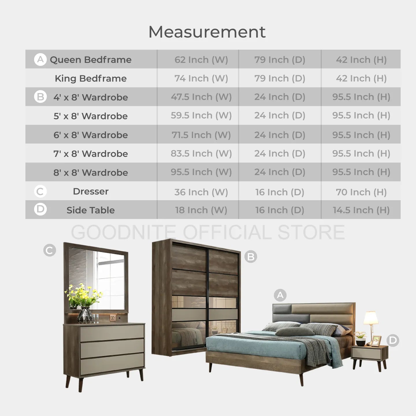 Goodnite Queen/ King Bedroom Set, Bedframe + Wardrobe + Dresser + Side Table (BAT6252)
