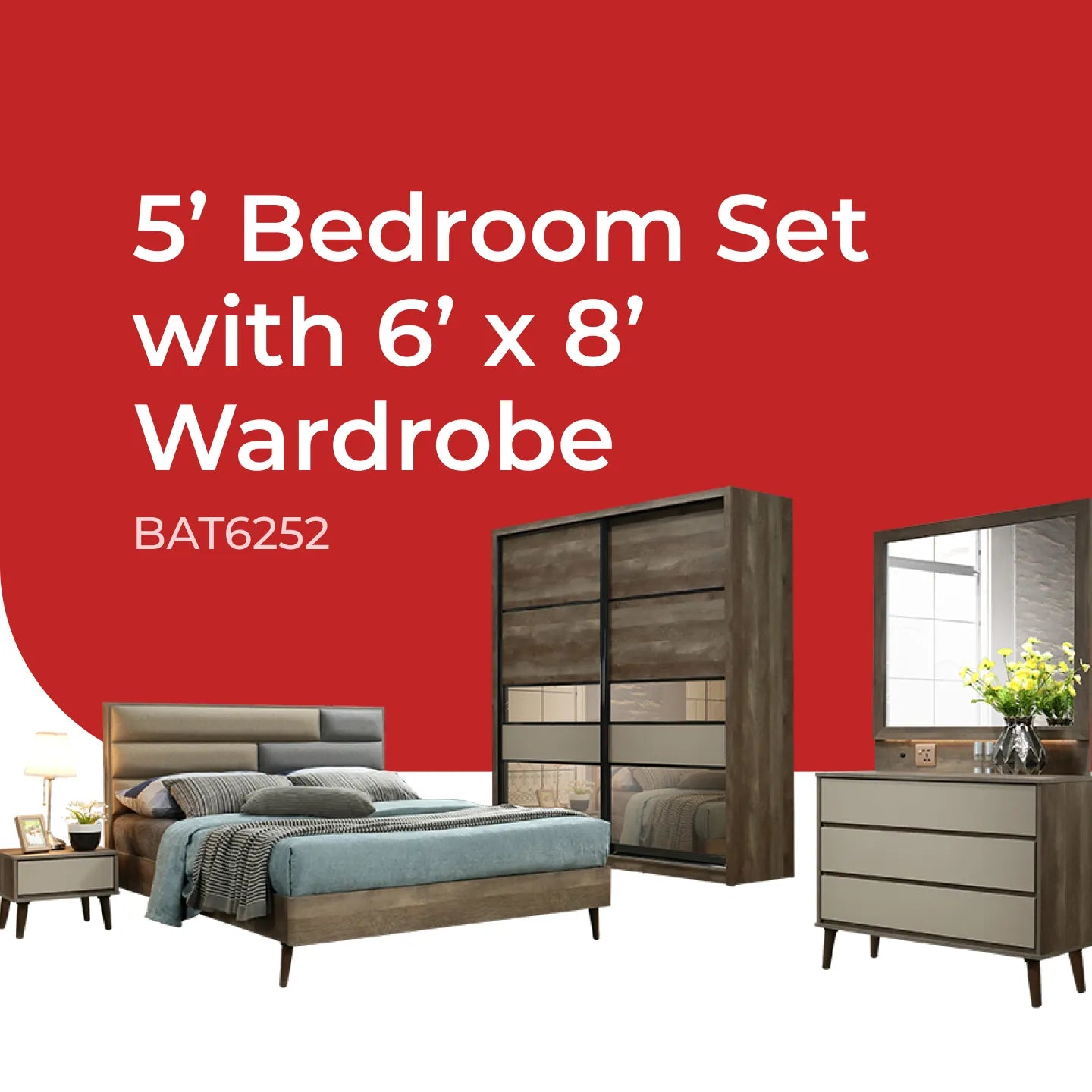 Goodnite Queen/ King Bedroom Set, Bedframe + Wardrobe + Dresser + Side Table (BAT6252)