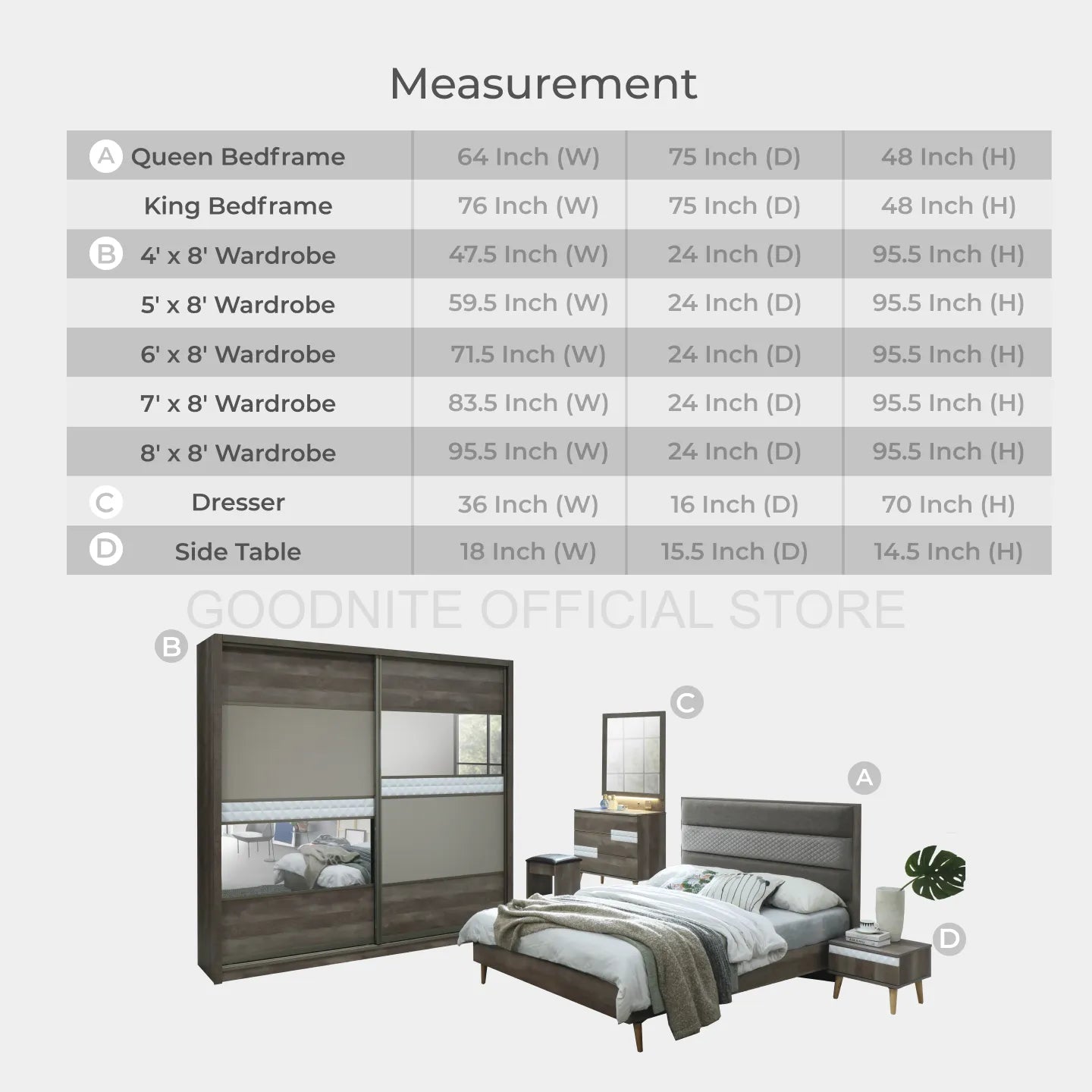 Goodnite Queen/ King Bedroom Set, Bedframe + Wardrobe + Dresser + Side Table (BAT6264)