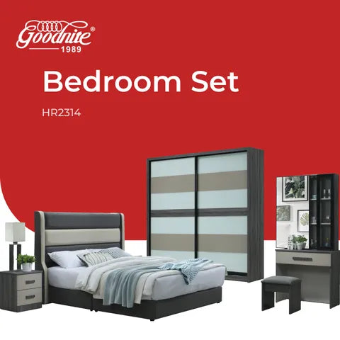 Goodnite Queen/ King Bedroom Set, Bedframe + Wardrobe + Dresser + Side Table (HR2314)
