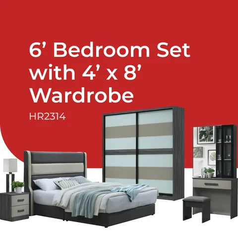 Goodnite Queen/ King Bedroom Set, Bedframe + Wardrobe + Dresser + Side Table (HR2314)