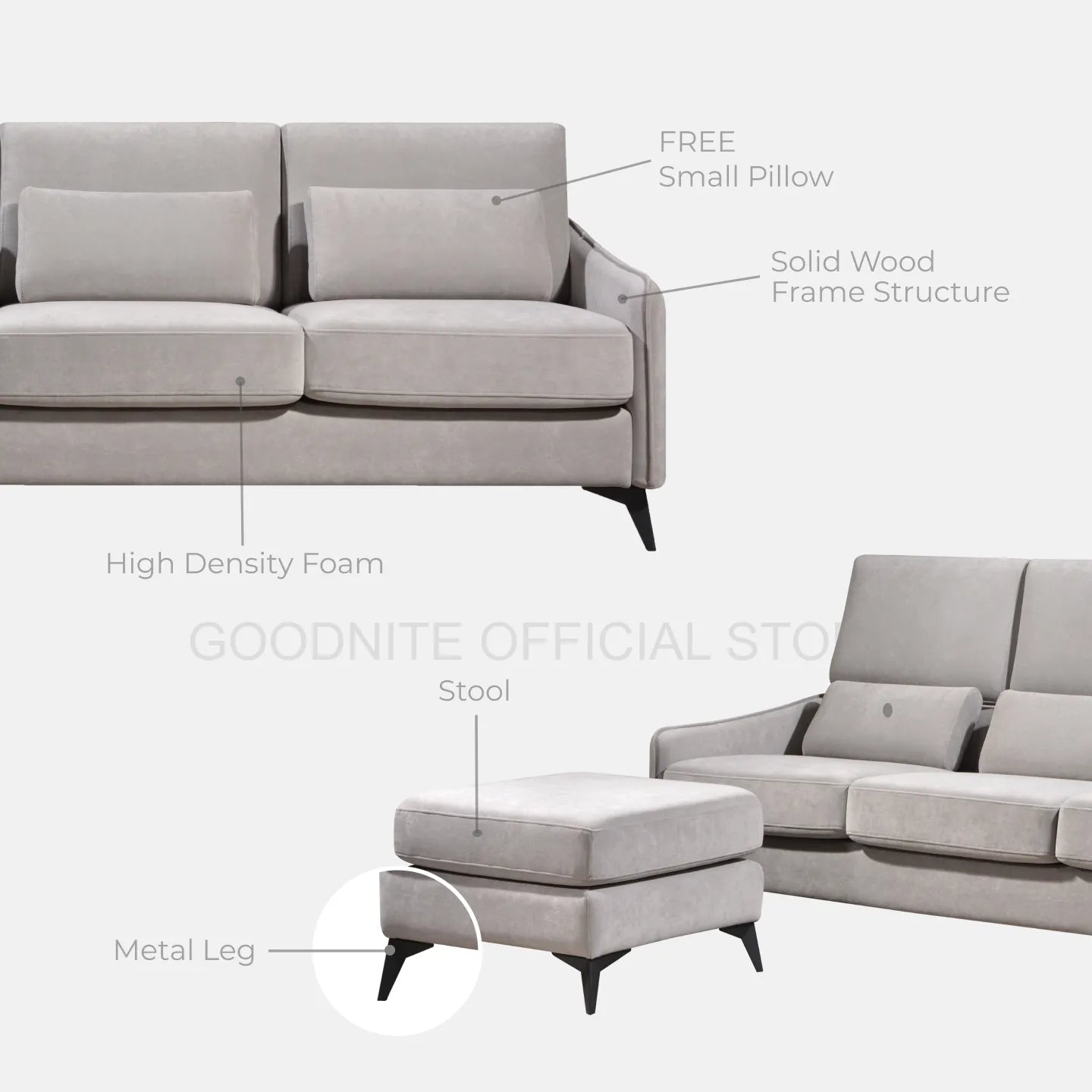 Goodnite Modern Fabric Sofa (ML3715), 1 Seater/ 2 Seater/ 3 Seater/ 3 Seater+Stool/ 2+3 Seater, 5 Years Warranty