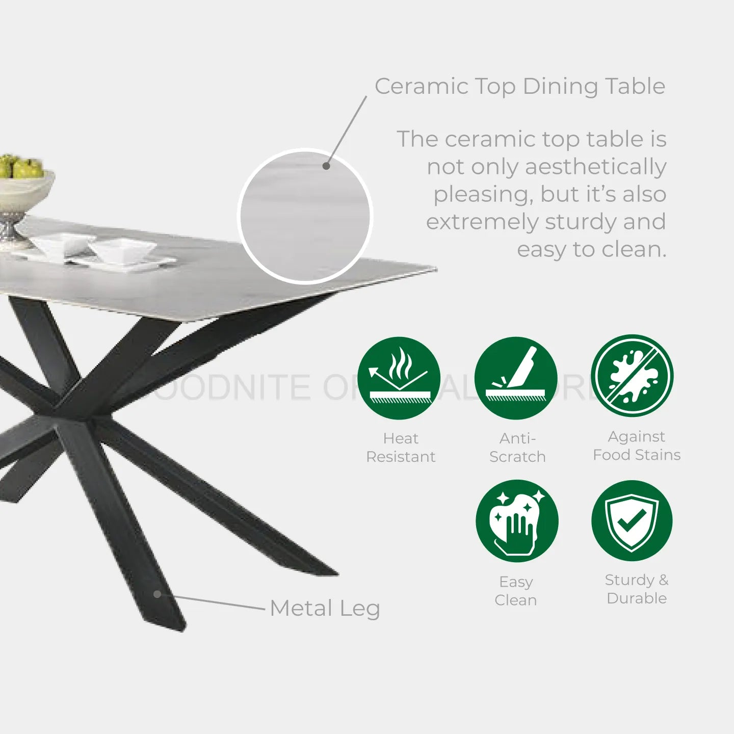 Goodnite (1+6) Ceramic Dining Set, Ceramic Top, Metal Leg, Fabric Chair