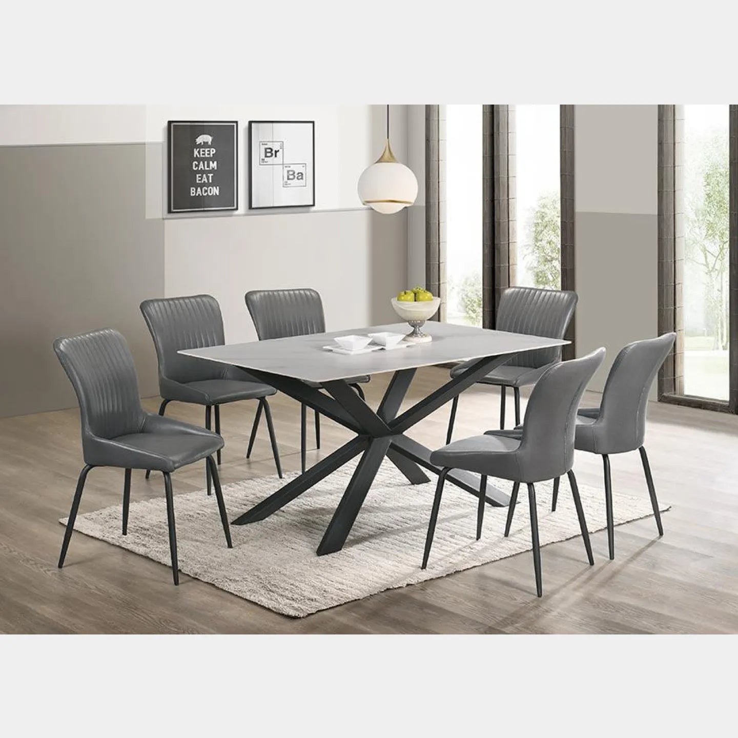 Goodnite (1+6) Ceramic Dining Set, Ceramic Top, Metal Leg, Fabric Chair