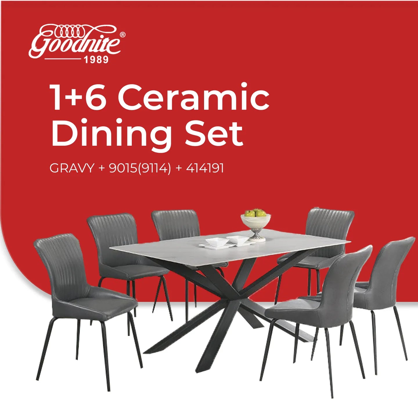 Goodnite (1+6) Ceramic Dining Set, Ceramic Top, Metal Leg, Fabric Chair