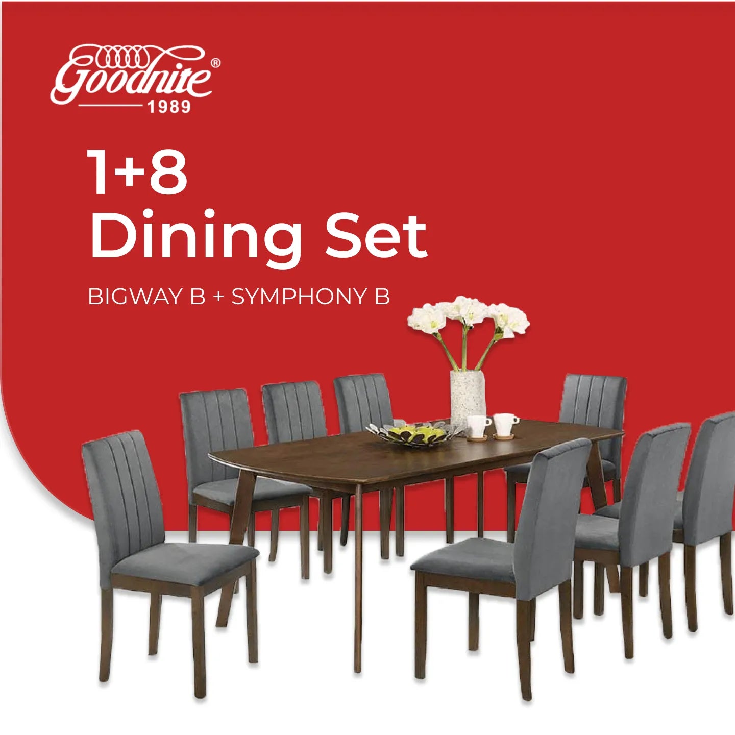Goodnite (1+8) Solid Rubber Wood Dining Set