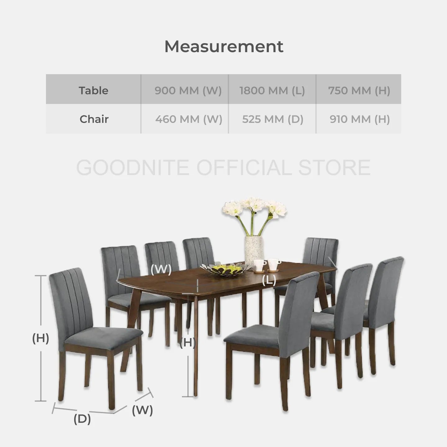 Goodnite (1+8) Solid Rubber Wood Dining Set