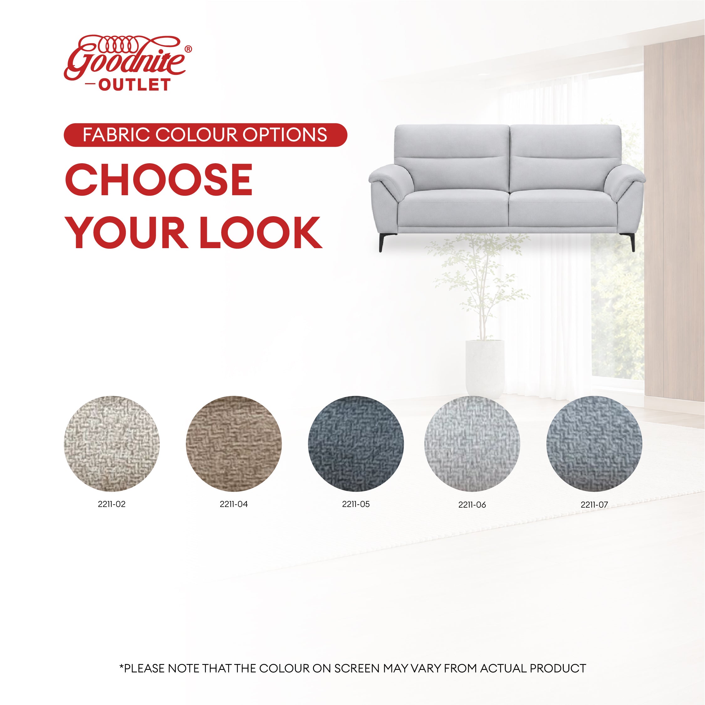 Goodnite Fabric Sofa (3600), 1 Seater/ 2 Seater/ 3 Seater/ 2+3 Seater, 5 Years Warranty
