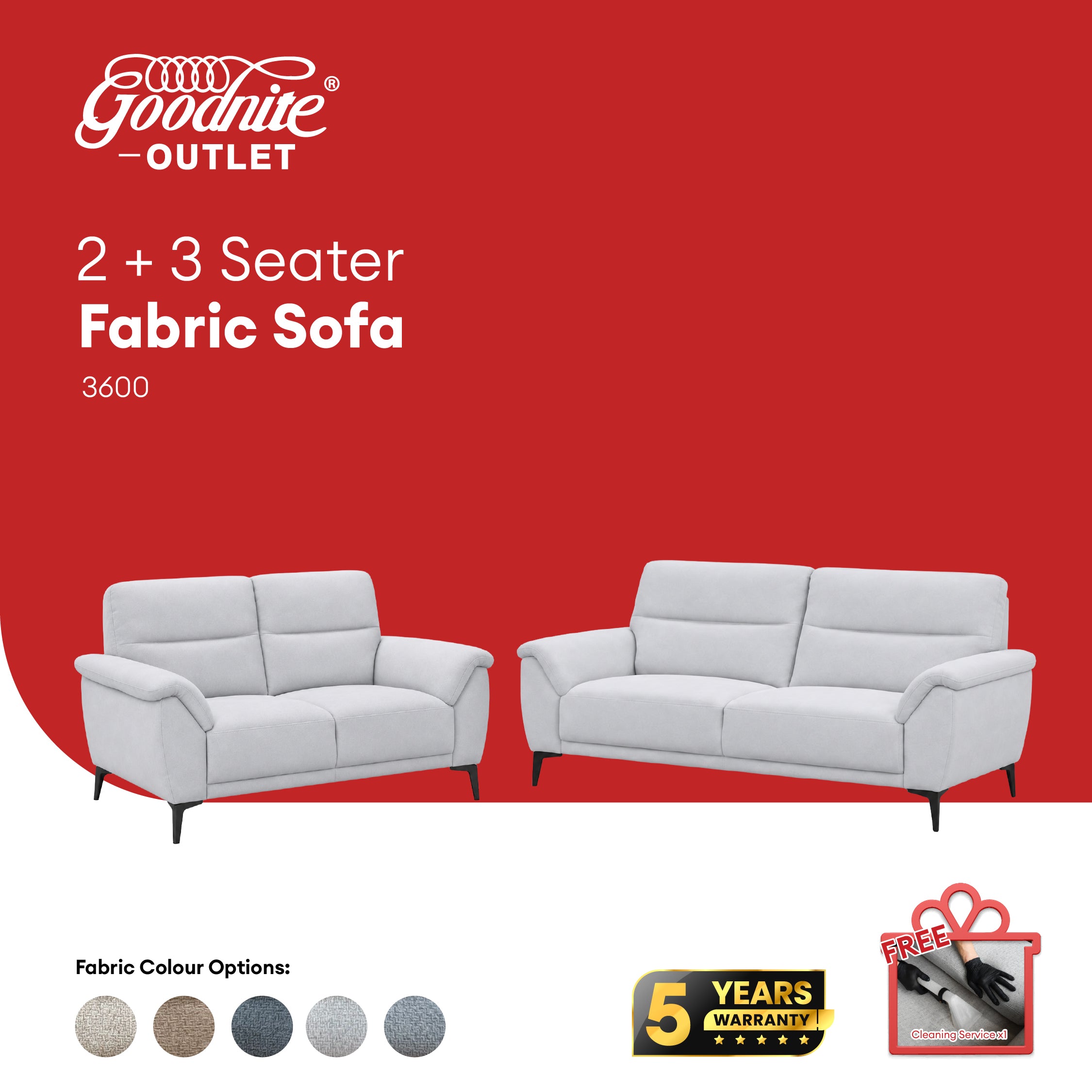 Goodnite Fabric Sofa (3600), 1 Seater/ 2 Seater/ 3 Seater/ 2+3 Seater, 5 Years Warranty