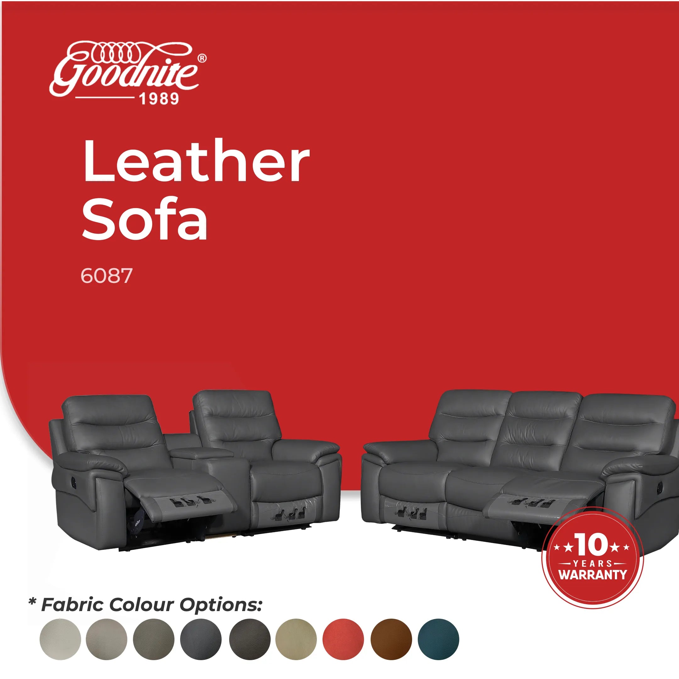 Goodnite Leather Sofa (6087), 1 Seater Recliner/ 2 Seater Recliner with Theater/ 3 Seater Recliner/ 2 Seater Recliner with Theater+3 Recliner, 10 Years Warranty