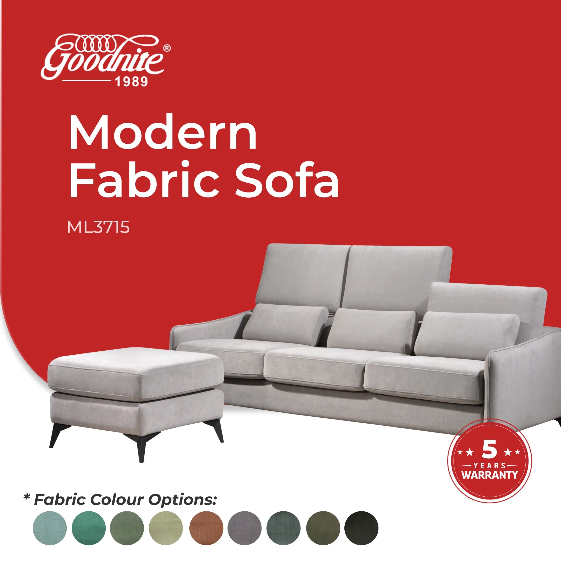 Goodnite Modern Fabric Sofa (ML3715), 1 Seater/ 2 Seater/ 3 Seater/ 3 Seater+Stool/ 2+3 Seater, 5 Years Warranty