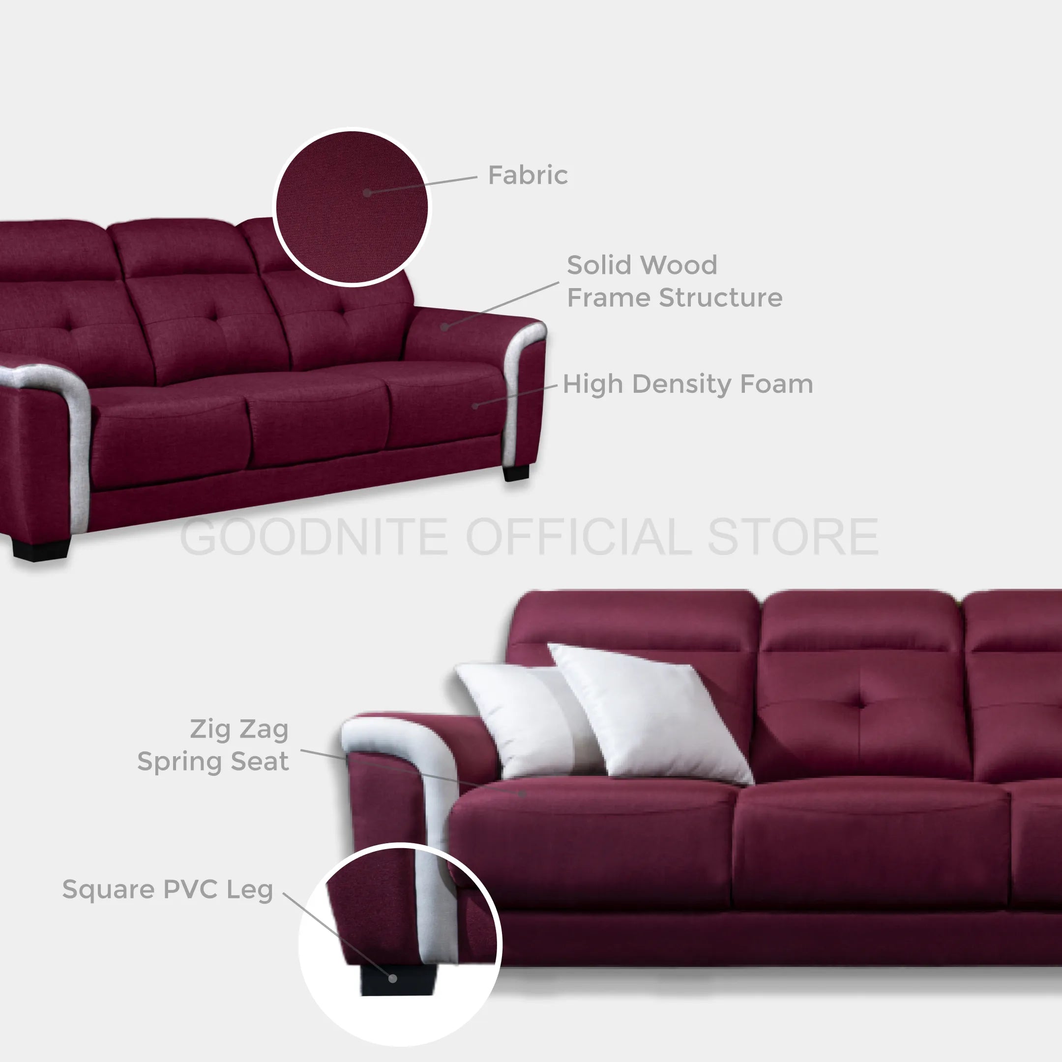 Goodnite Fabric Sofa (ML3700), 1 Seater/ 2 Seater/ 3 Seater/ 2+3 Seater, 3 Years Warranty