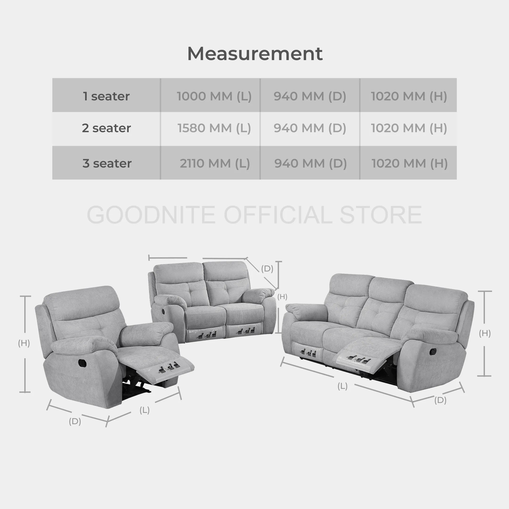 Goodnite Fabric Recliner Sofa (5003), 1 Seater Recliner/ 2 Seater Recliner/ 3 Seater Recyliner/ 2RR+3RR Seater, 10 Years Warranty