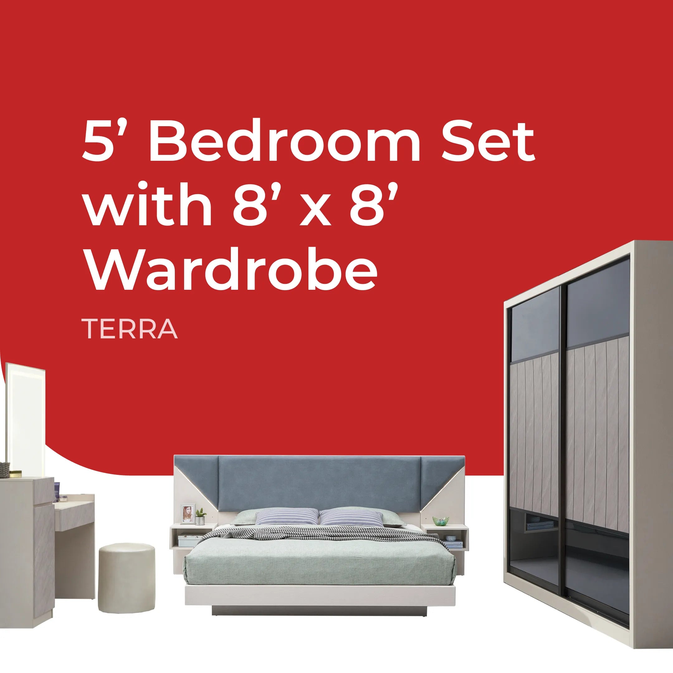 Goodnite Queen/ King Bedroom Set, Bedframe + Wardrobe + Dresser + Side Table (Terra)