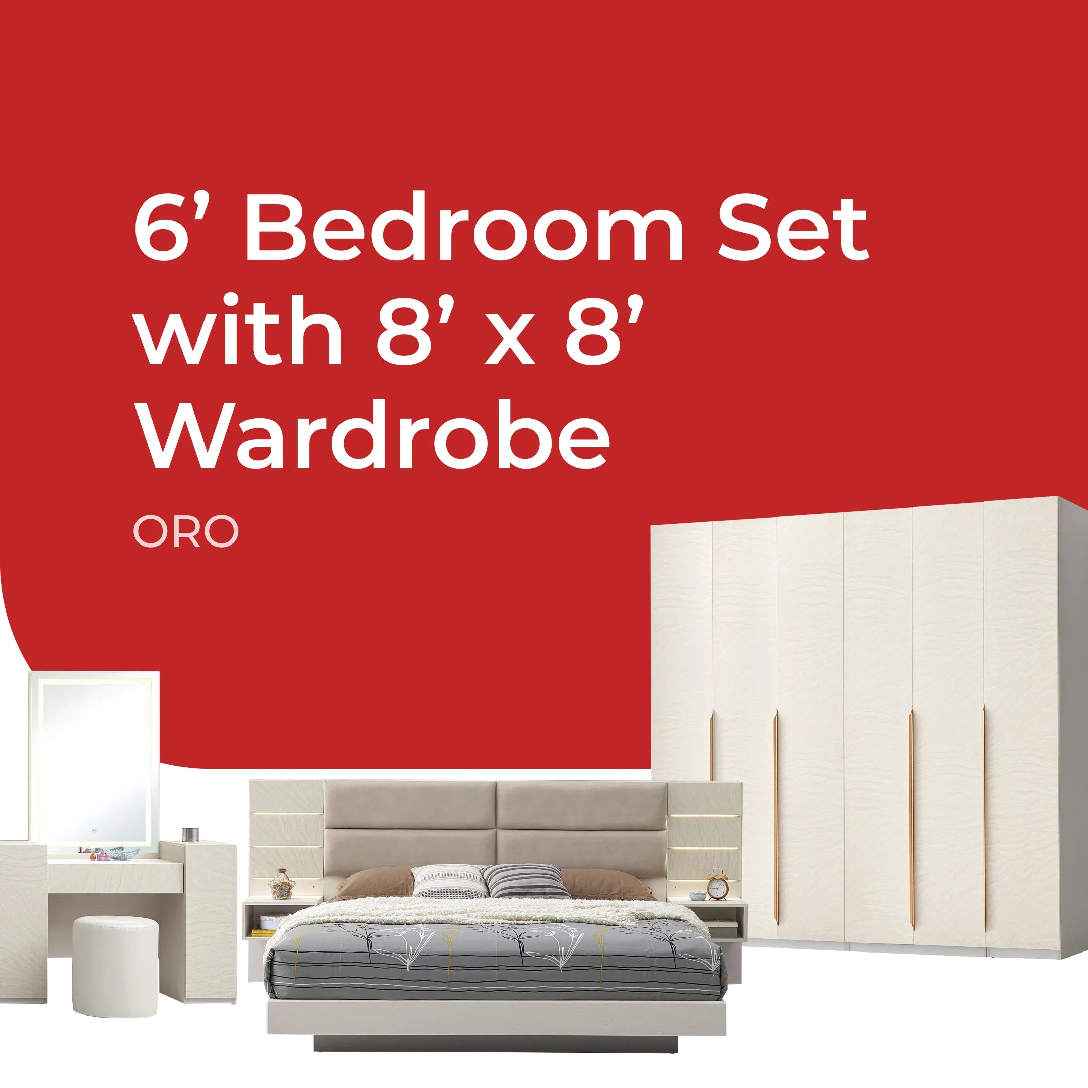 Goodnite Queen/ King Bedroom Set, Bedframe + Wardrobe + Dresser + Side Table (Oro)