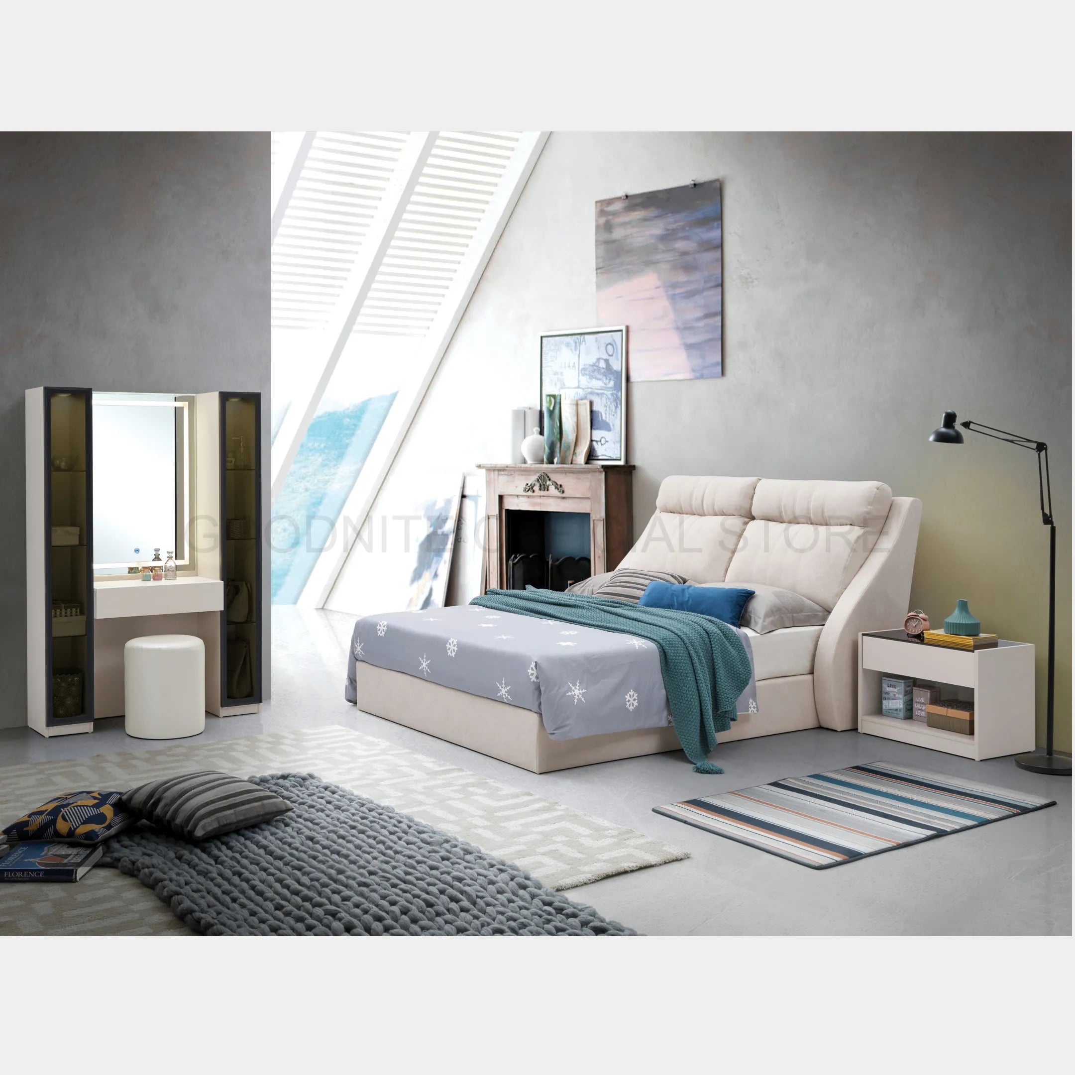 Goodnite Queen/ King Bedroom Set, Bedframe + Wardrobe + Dresser + Side Table (Acqua)