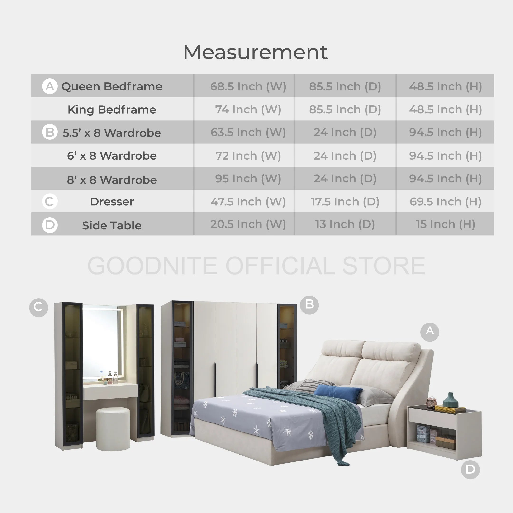 Goodnite Queen/ King Bedroom Set, Bedframe + Wardrobe + Dresser + Side Table (Acqua)