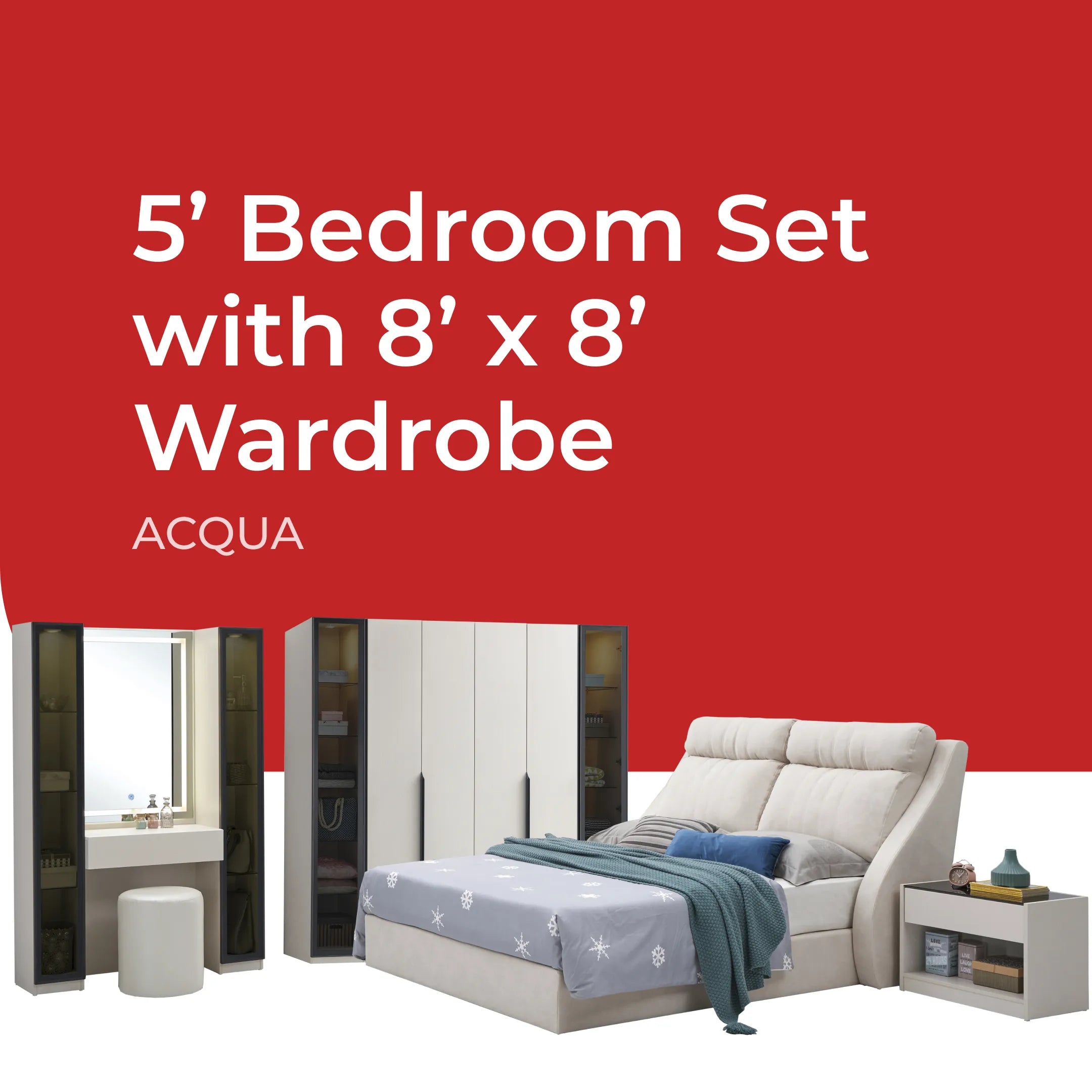 Goodnite Queen/ King Bedroom Set, Bedframe + Wardrobe + Dresser + Side Table (Acqua)