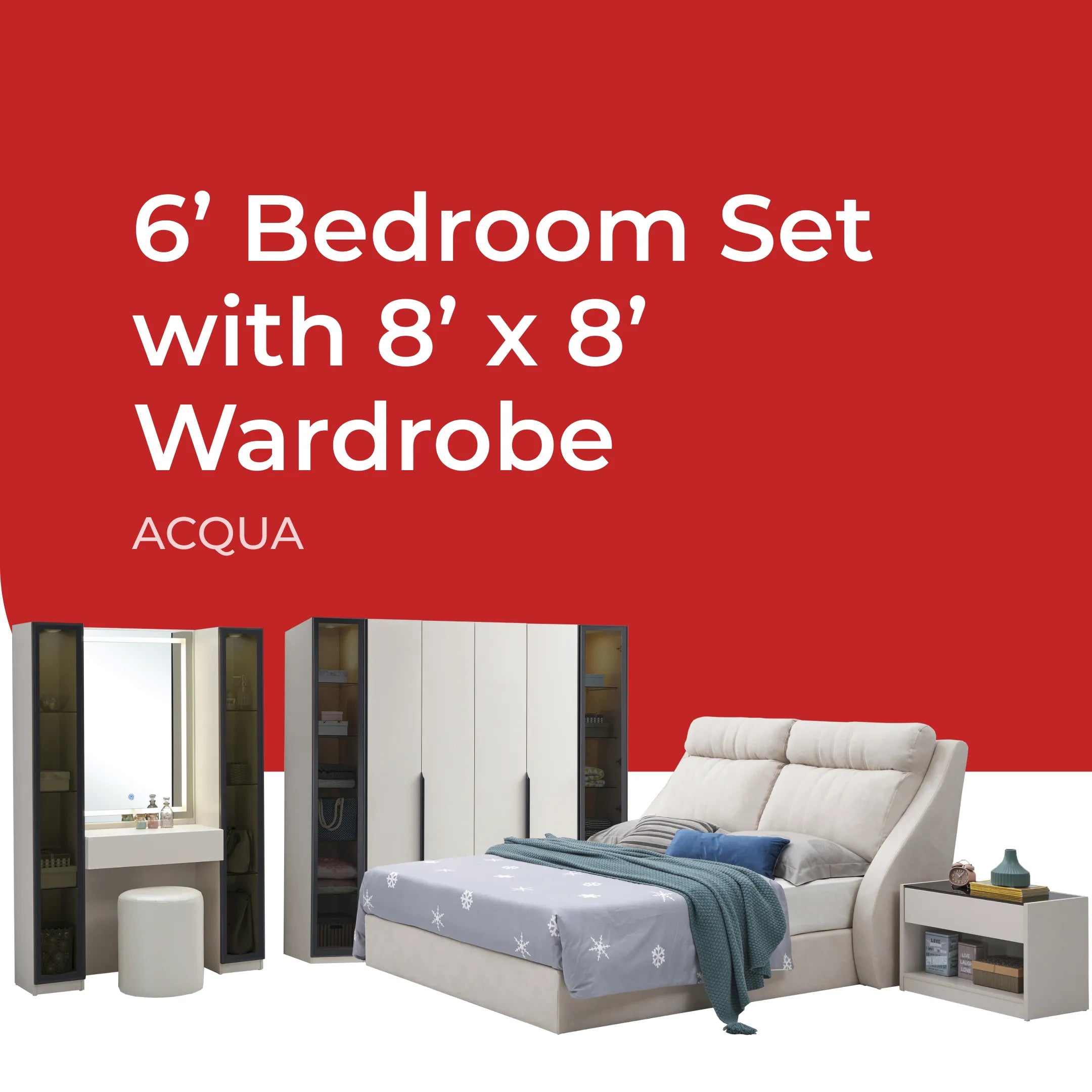 Goodnite Queen/ King Bedroom Set, Bedframe + Wardrobe + Dresser + Side Table (Acqua)
