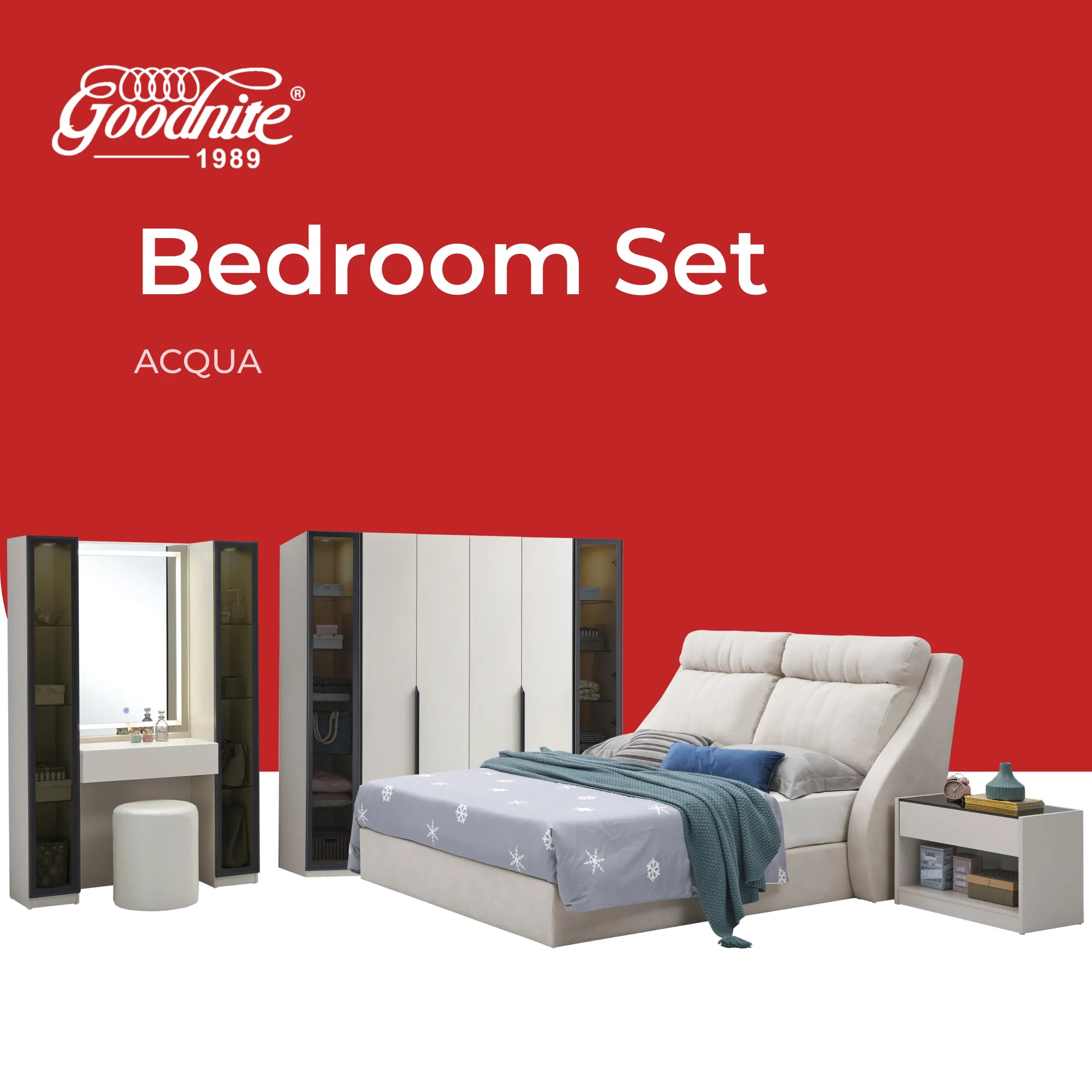Goodnite Queen/ King Bedroom Set, Bedframe + Wardrobe + Dresser + Side Table (Acqua)