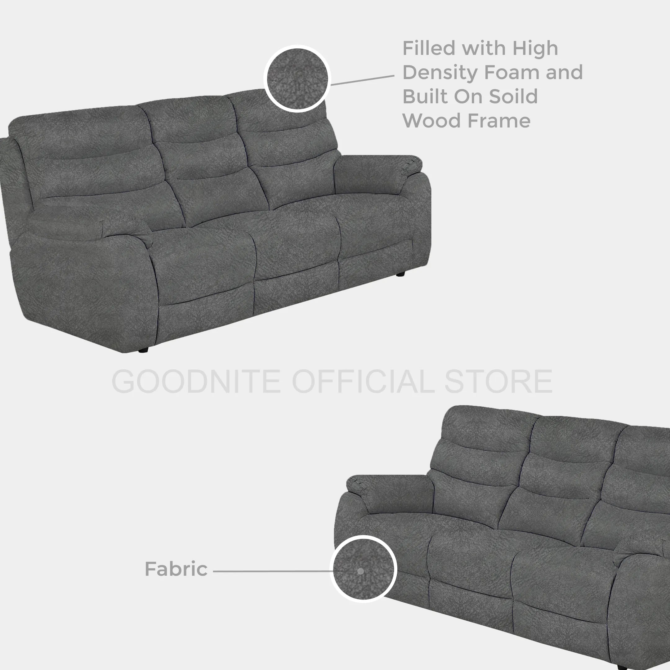 Goodnite Fabric Recliner Sofa (5005), 1 Seater Recliner/ 2 Seater/ 3 Seater/ 1R+3 Seater, 10 Years Warranty
