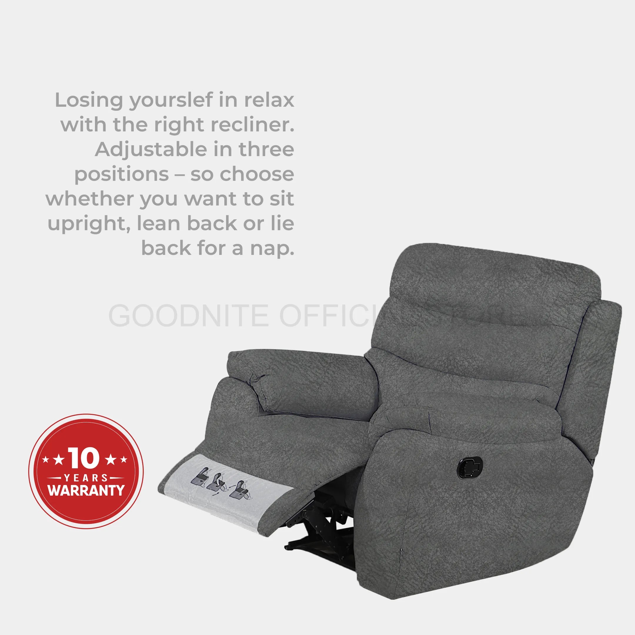 Goodnite Fabric Recliner Sofa (5005), 1 Seater Recliner/ 2 Seater/ 3 Seater/ 1R+3 Seater, 10 Years Warranty