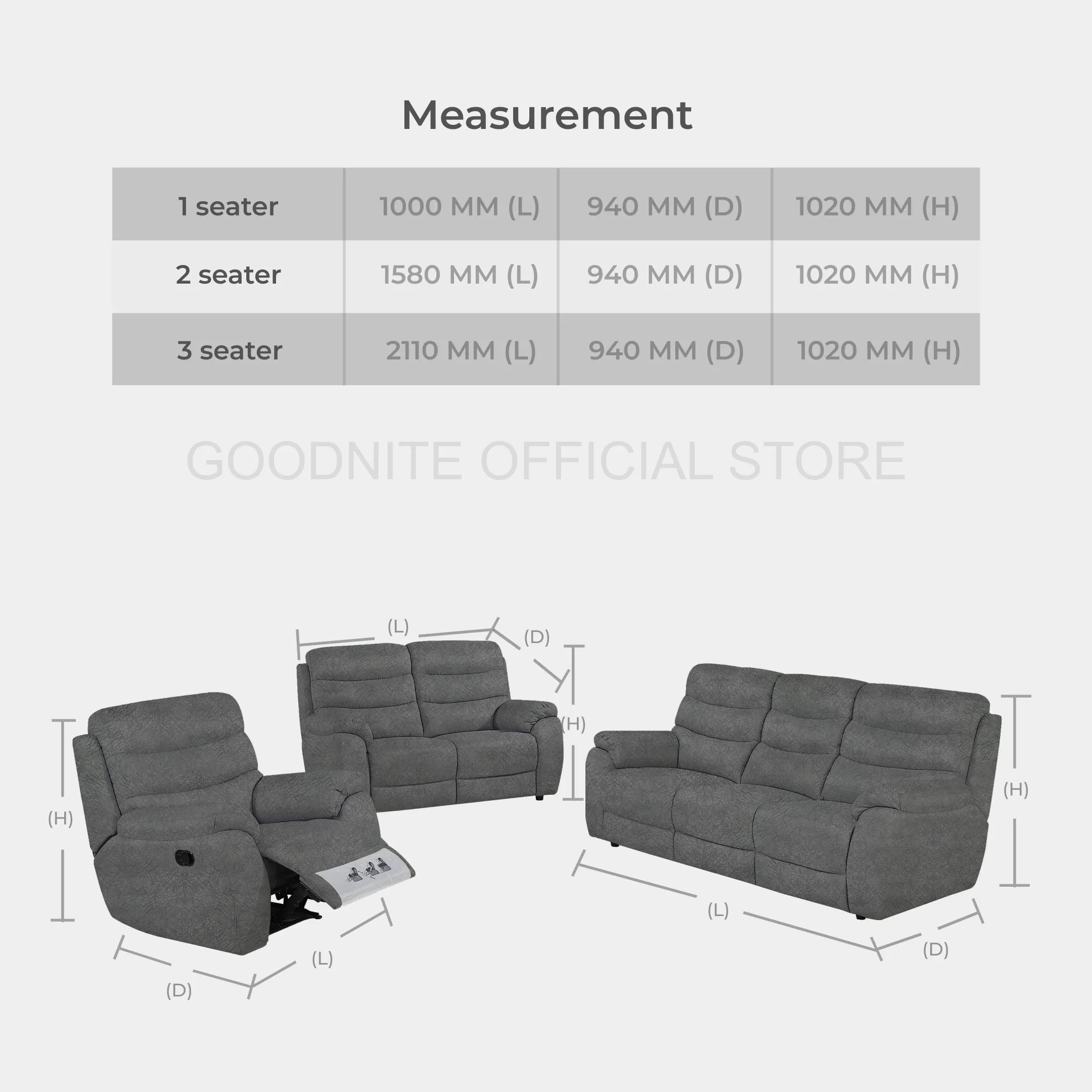 Goodnite Fabric Recliner Sofa (5005), 1 Seater Recliner/ 2 Seater/ 3 Seater/ 1R+3 Seater, 10 Years Warranty