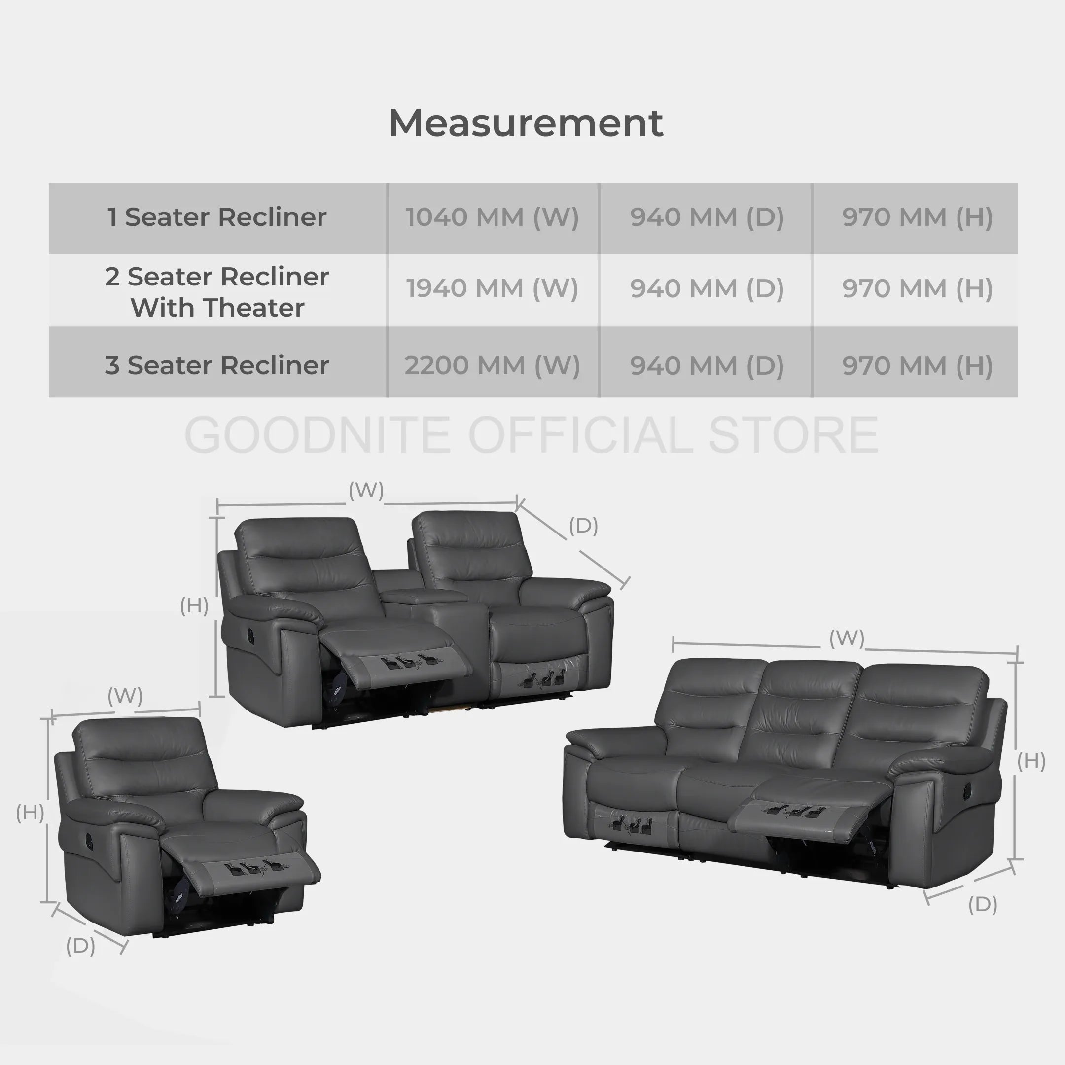 Goodnite Leather Sofa (6087), 1 Seater Recliner/ 2 Seater Recliner with Theater/ 3 Seater Recliner/ 2 Seater Recliner with Theater+3 Recliner, 10 Years Warranty