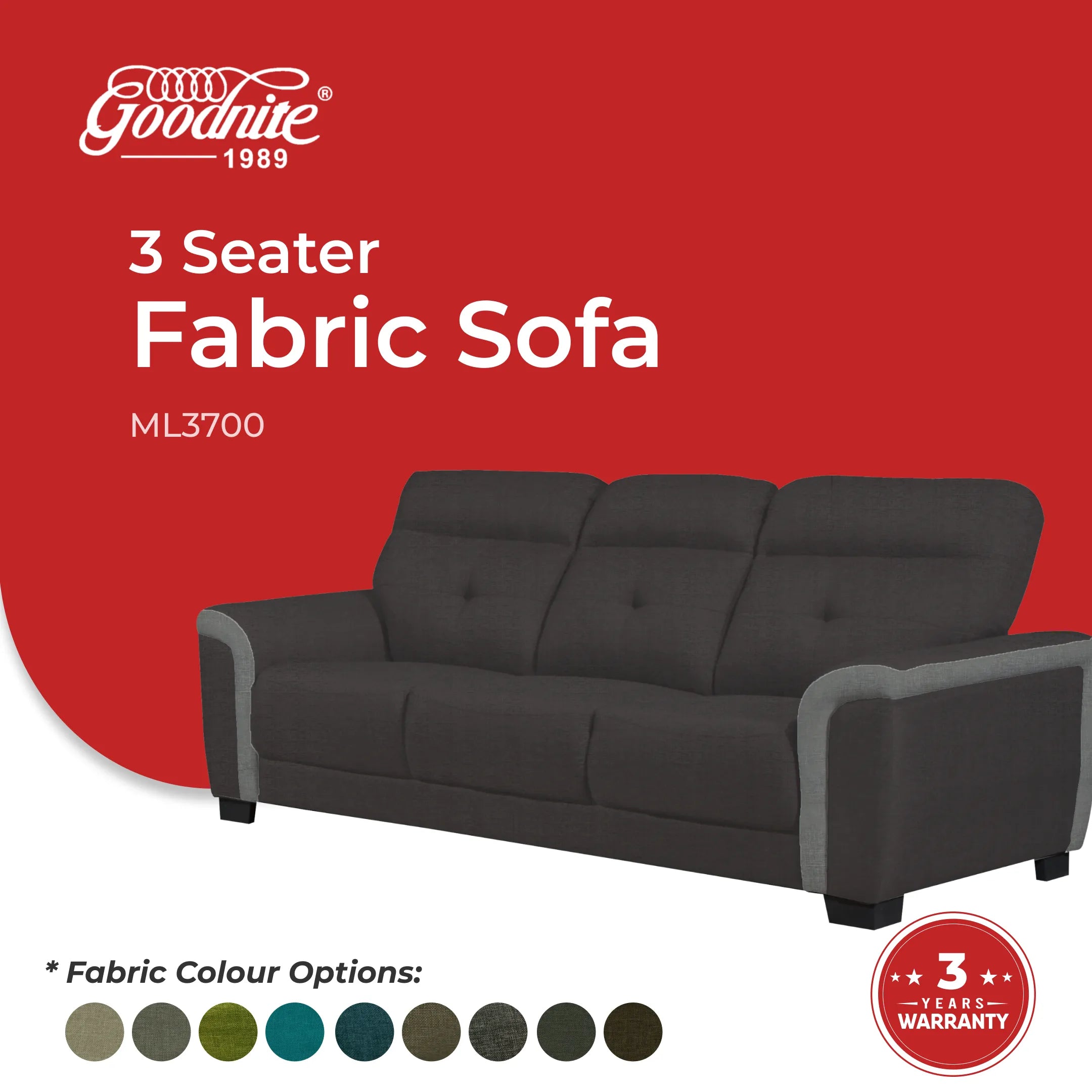 Goodnite Fabric Sofa (ML3700), 1 Seater/ 2 Seater/ 3 Seater/ 2+3 Seater, 3 Years Warranty