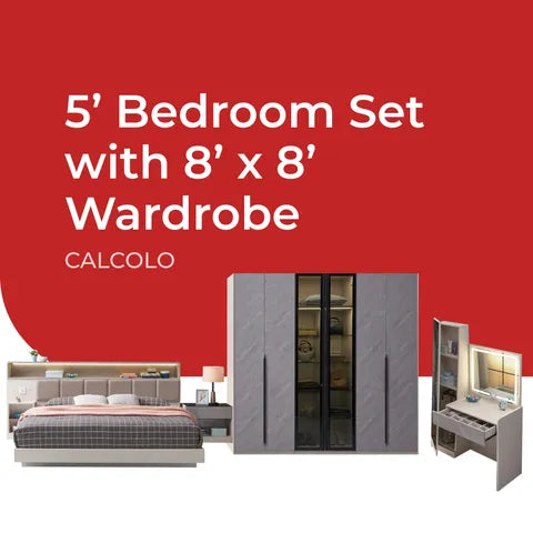 Goodnite Queen/ King Bedroom Set, Bedframe + Wardrobe + Dresser + Side Table (Calcolo)