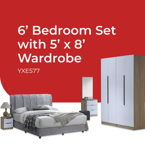 Goodnite Queen/ King Bedroom Set, Bedframe + Wardrobe + Dresser + Side Table (YXE577)