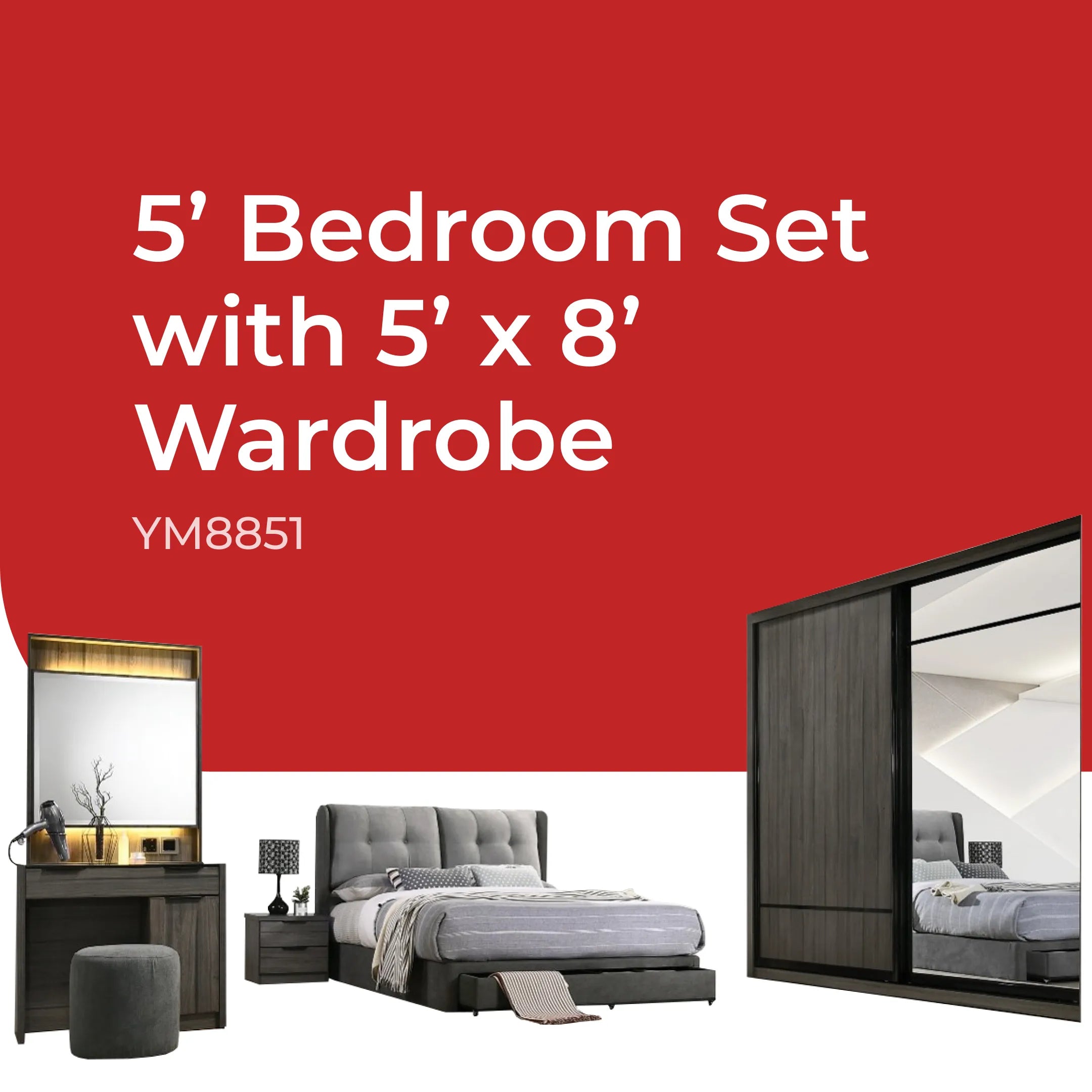 Goodnite Queen/ King Bedroom Set, Bedframe + Wardrobe + Dresser + Side Table (YM8851)