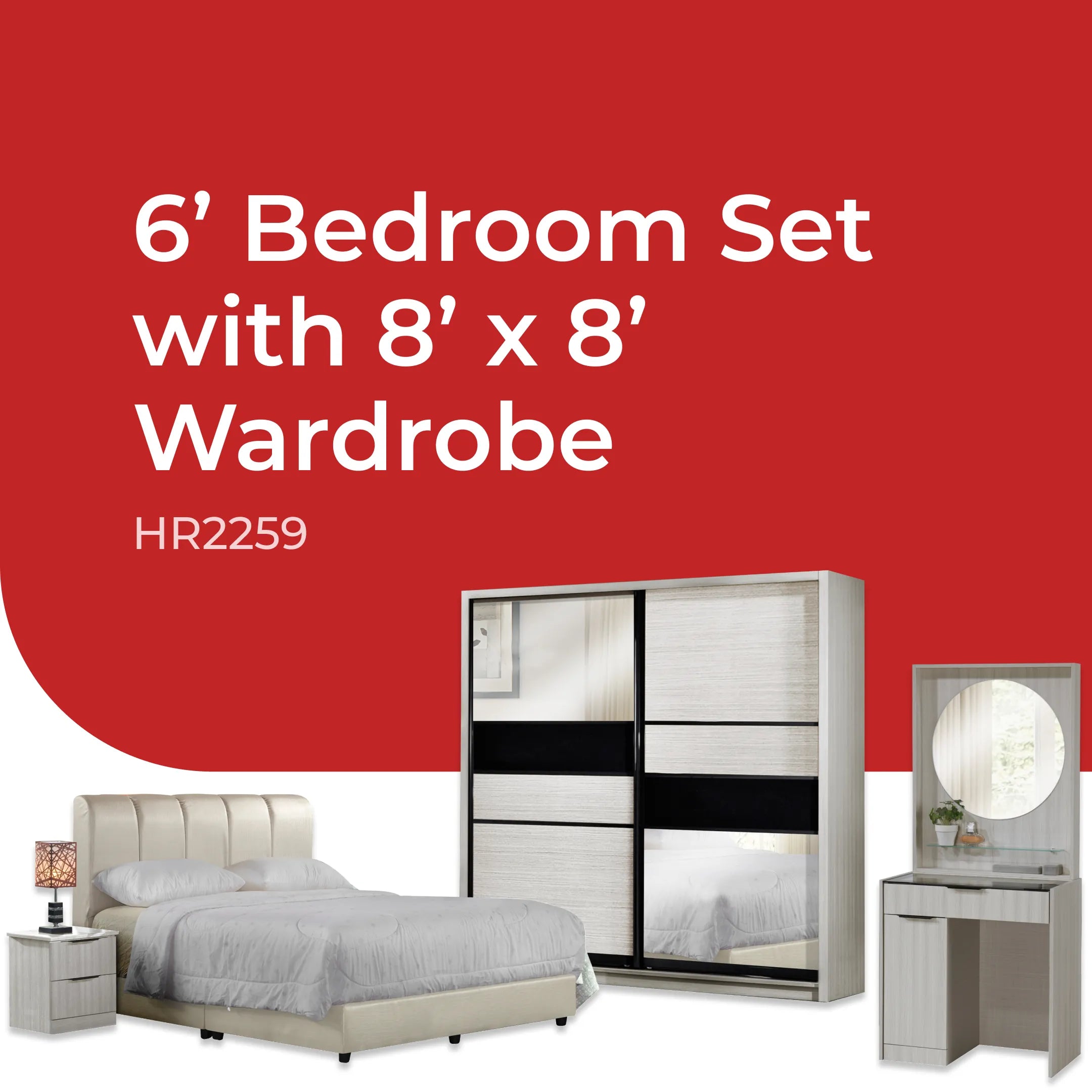 Goodnite Queen/ King Bedroom Set, Bedframe + Wardrobe + Dresser + Side Table (HR2259)