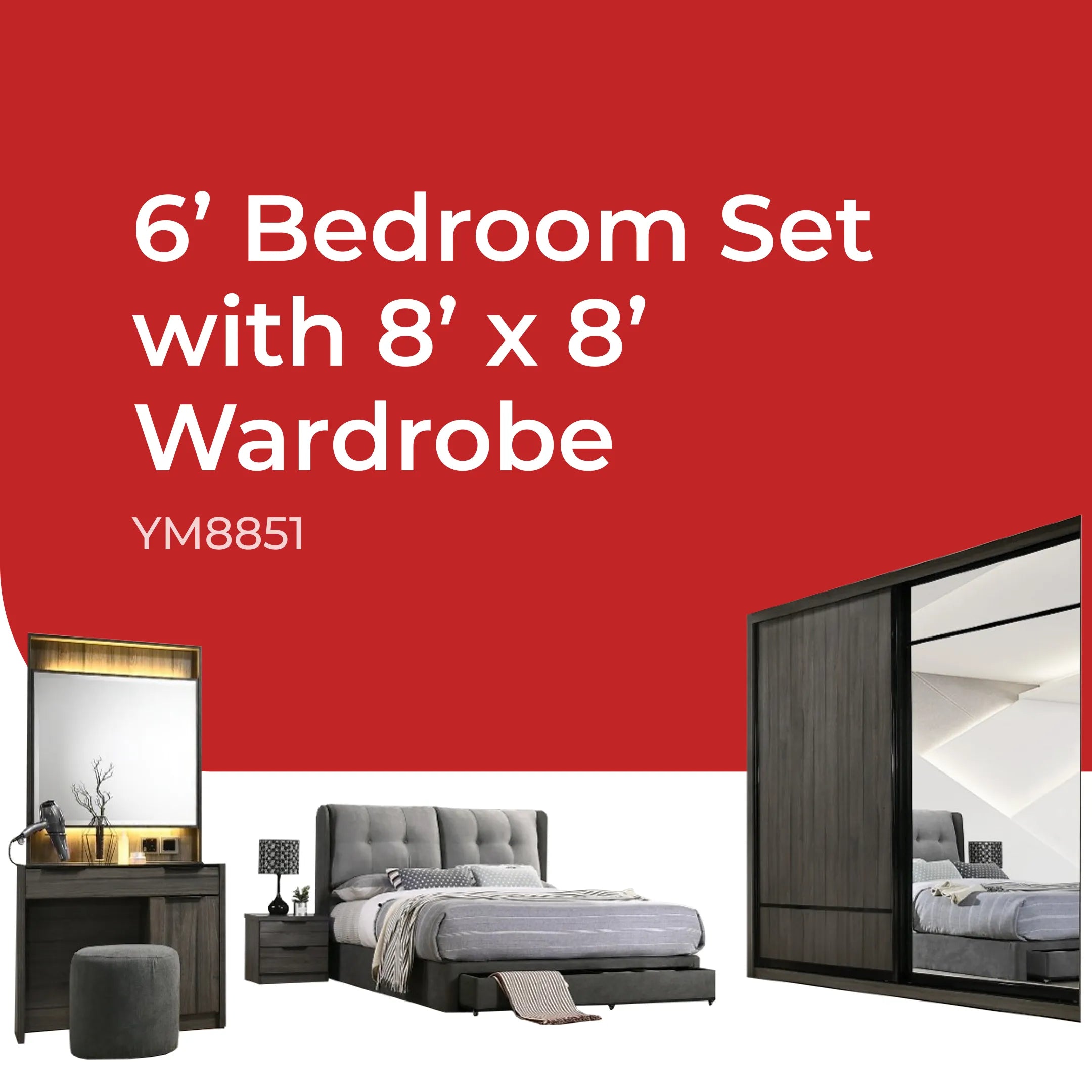 Goodnite Queen/ King Bedroom Set, Bedframe + Wardrobe + Dresser + Side Table (YM8851)