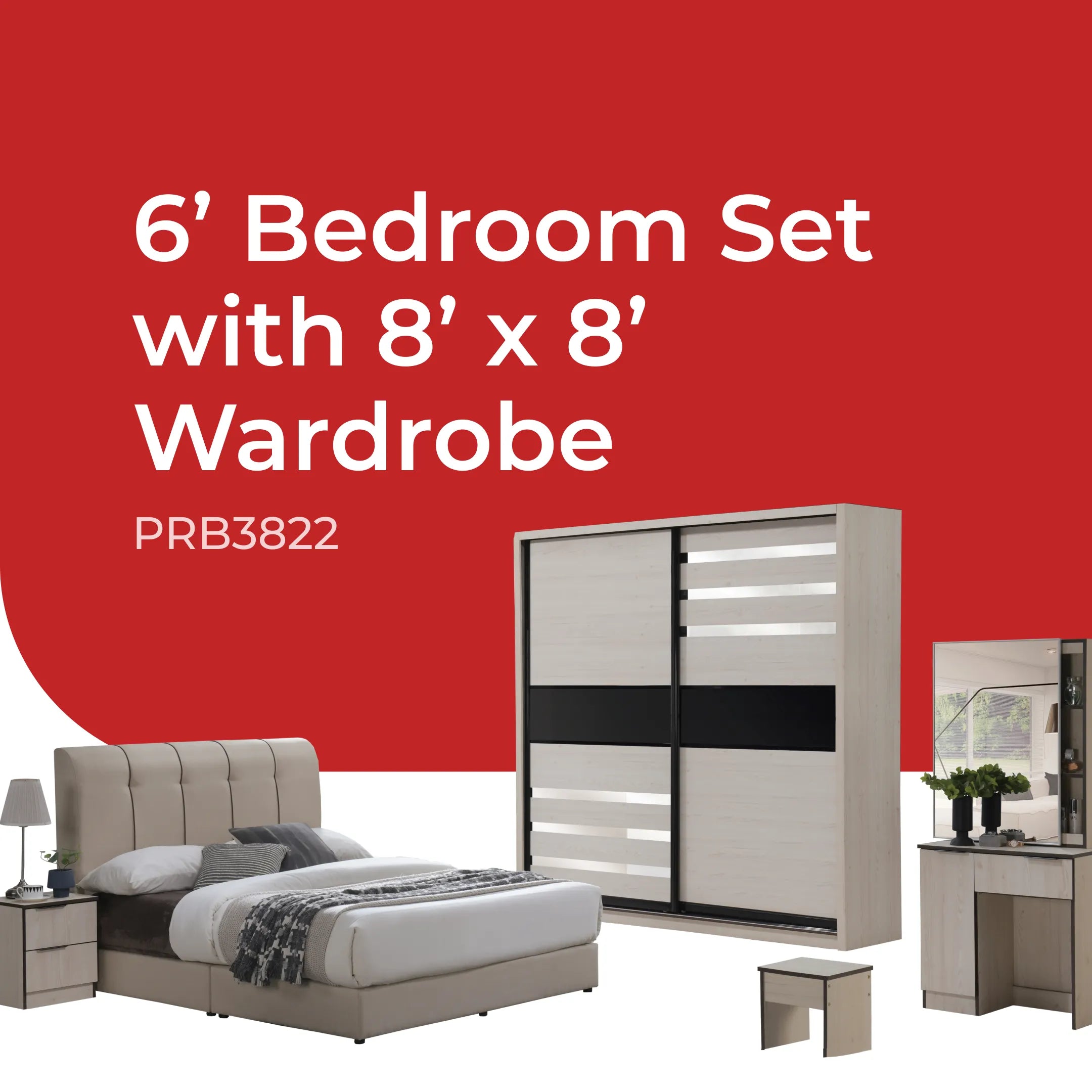Goodnite Queen/ King Bedroom Set, Bedframe + Wardrobe + Dresser + Side Table (PRB3822)