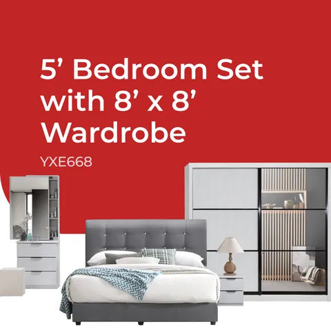 Goodnite Queen/ King Bedroom Set, Bedframe + Wardrobe + Dresser + Side Table (YXE668)