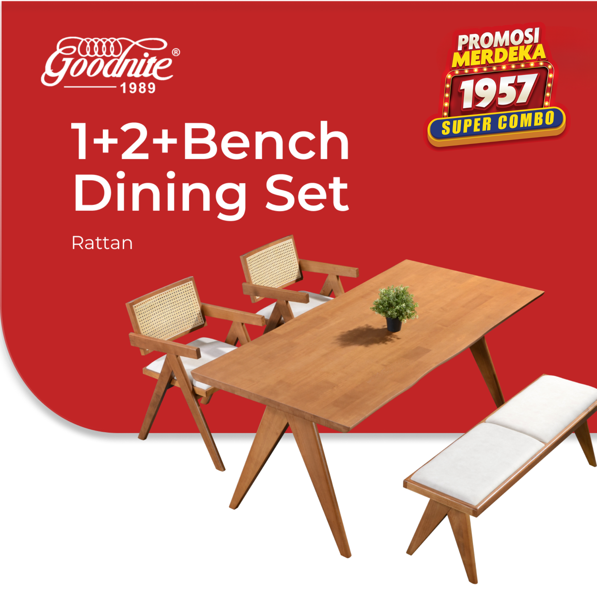 Goodnite (1+2+Bench) / (1+4+Bench) Solid Rubber Wood Dining Set