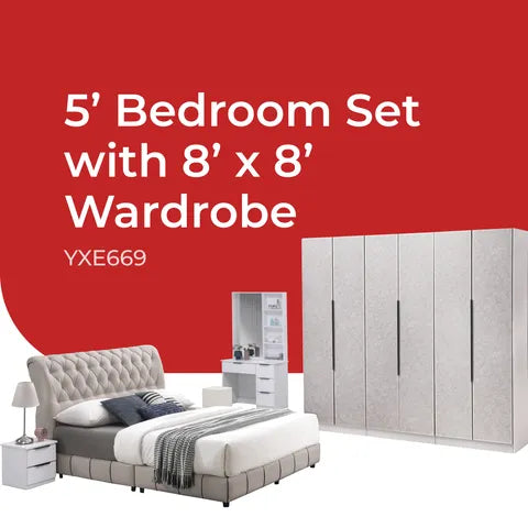 Goodnite Queen/ King Bedroom Set, Bedframe + Wardrobe + Dresser + Side Table (YXE669)