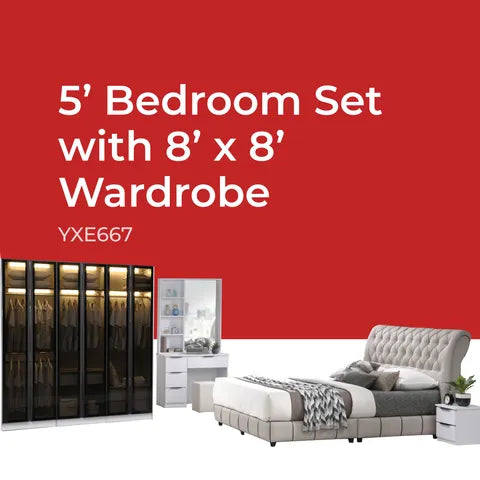 Goodnite Queen/ King Bedroom Set, Bedframe + Wardrobe + Dresser + Side Table (YXE667)