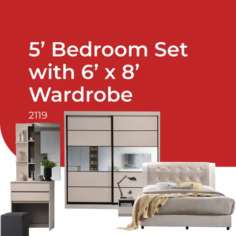 Goodnite Queen/ King Bedroom Set, Bedframe + Wardrobe + Dresser + Side Table (2119)