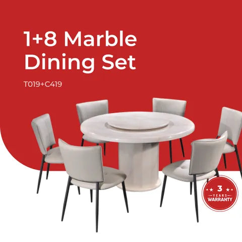 Goodnite (1+6) Marble Dining Set (W 1300mm) / (1+8) Marble Dining Set (W 1500mm), Marble Table, Metal Leg, PU Chair
