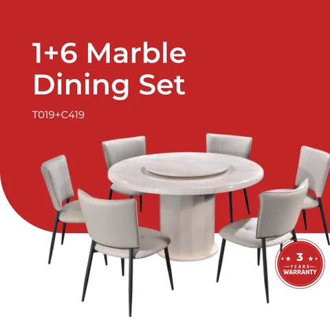 Goodnite (1+6) Marble Dining Set (W 1300mm) / (1+8) Marble Dining Set (W 1500mm), Marble Table, Metal Leg, PU Chair