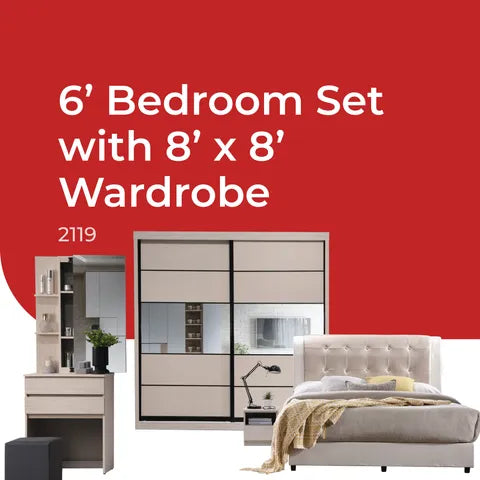 Goodnite Queen/ King Bedroom Set, Bedframe + Wardrobe + Dresser + Side Table (2119)