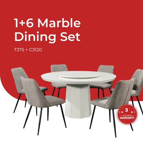 Goodnite (1+6) Marble Dining Set (W 1350mm) / (1+8) Marble Dining Set (W 1500mm), Marble Table, Metal Leg, Fabric Chair