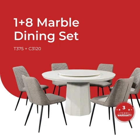 Goodnite (1+6) Marble Dining Set (W 1350mm) / (1+8) Marble Dining Set (W 1500mm), Marble Table, Metal Leg, Fabric Chair