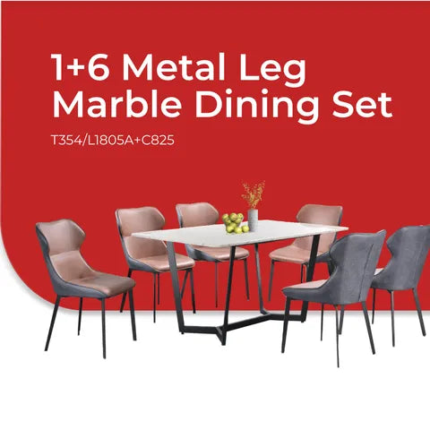 Goodnite (1+6) Marble Dining Set (W 1500mm), Marble Top, Metal Leg, PU Chair
