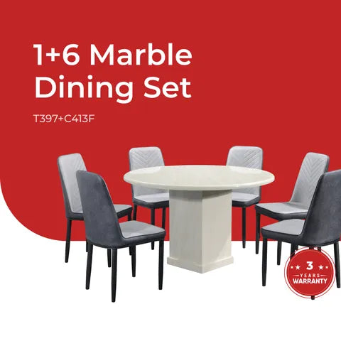 Goodnite (1+6) Marble Dining Set (W 1200mm), Marble Table, Metal Leg, Fabric Chair