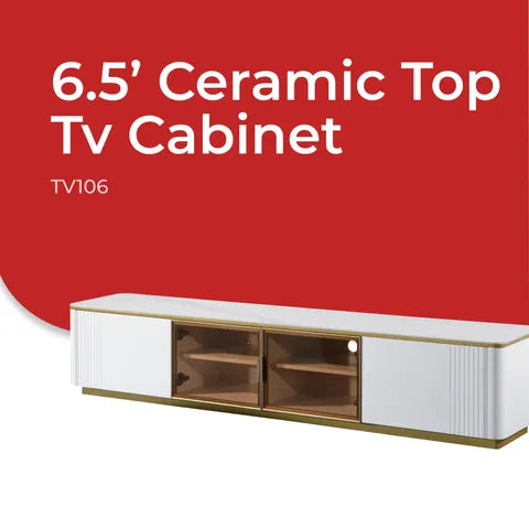 Goodnite Living Set (TV106+CT106), 6.5Ft TV Cabinet/ Coffee Table (Ceramic Top, Glass Door)