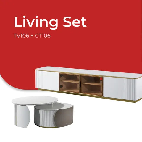 Goodnite Living Set (TV106+CT106), 6.5Ft TV Cabinet/ Coffee Table (Ceramic Top, Glass Door)