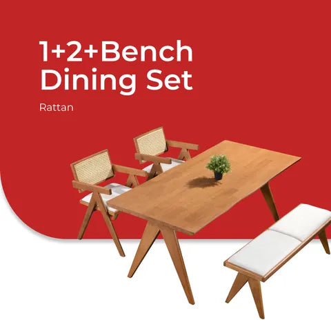 Goodnite (1+2+Bench) / (1+4+Bench) Solid Rubber Wood Dining Set